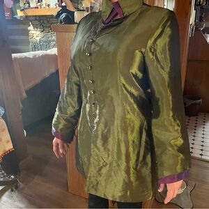 Vintage Iridescent Olive & Plum Silk Jacket w/ Floral Cloisonné Buttons